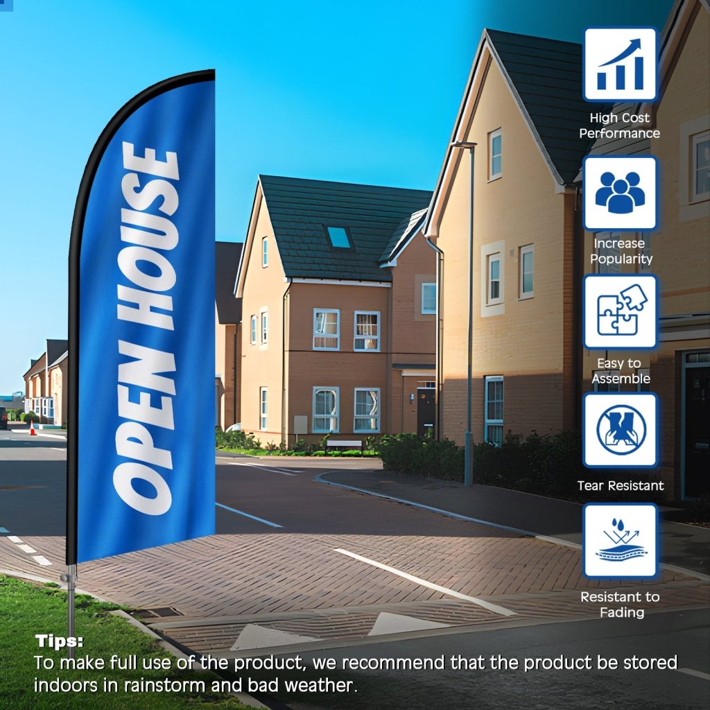 8FT Open House Blue&White Feather Flag with Stainless Steel Pole Kit/Ground Stake(2m flag set)