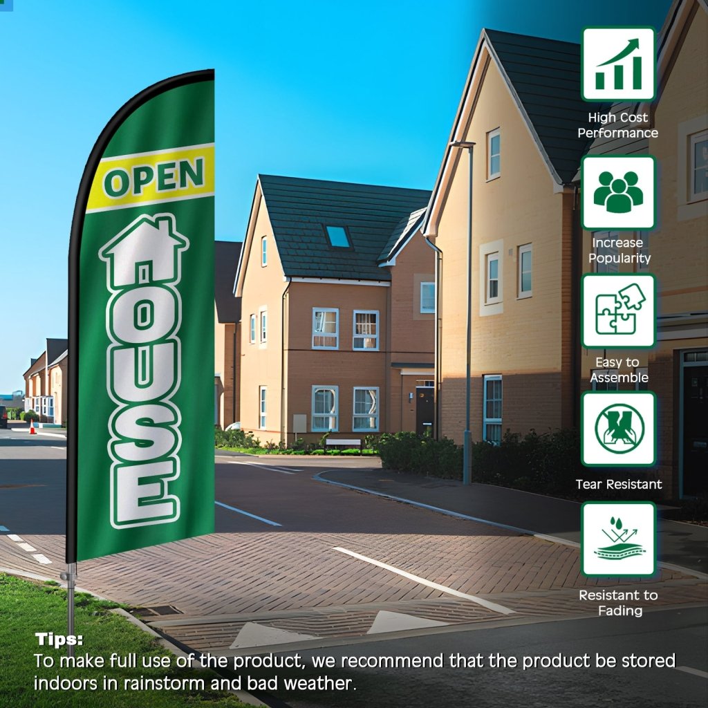 8FT Open House Green Feather Flag with Stainless Steel Pole Kit/Ground Stake(2m flag set)