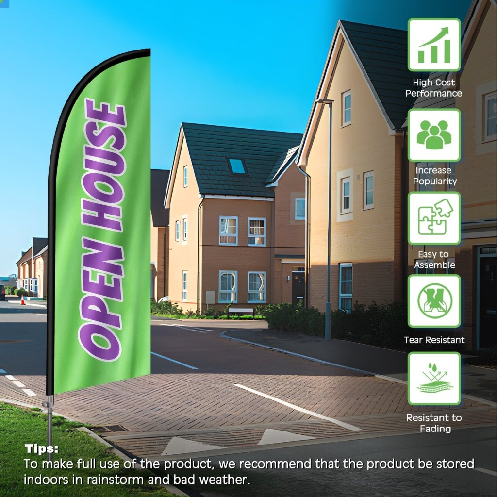 8FT Open House Green&Purple Feather Flag with Stainless Steel Pole Kit/Ground Stake(2m flag set)