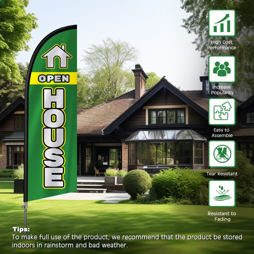 8FT Open House Green&White Banner Feather Flag with Stainless Steel Pole Kit/Ground Stake(2m flag set)