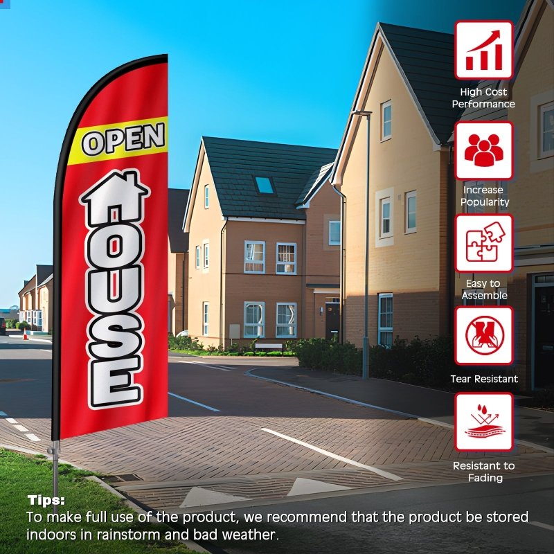 8FT Open House Red Banner Feather Flag with Stainless Steel Pole Kit/Ground Stake(2m flag set)