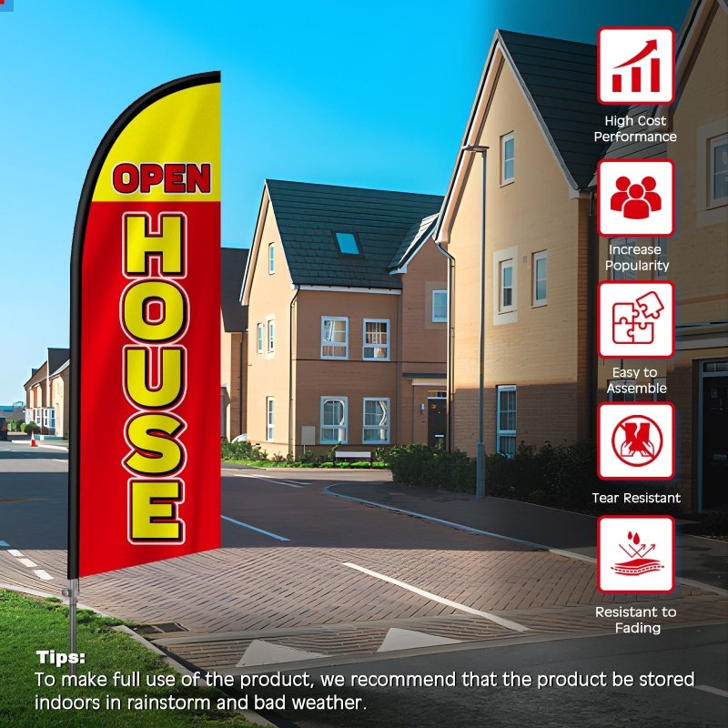 8FT Open House Red & Yellow 01 Banner Feather Flag with Stainless Steel Pole Kit/Ground Stake(2m flag set)