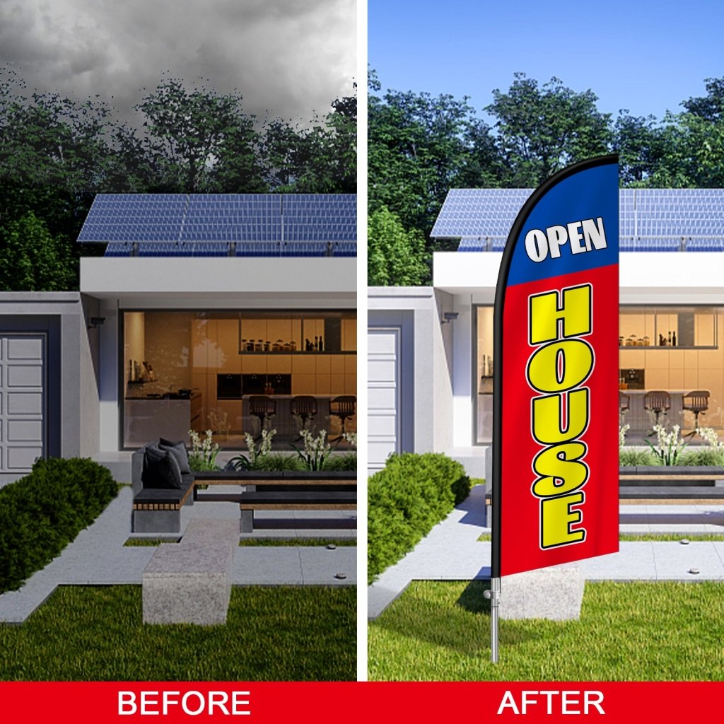 8FT Open House Red & Yellow 02 Banner Feather Flag with Stainless Steel Pole Kit/Ground Stake(2m flag set)