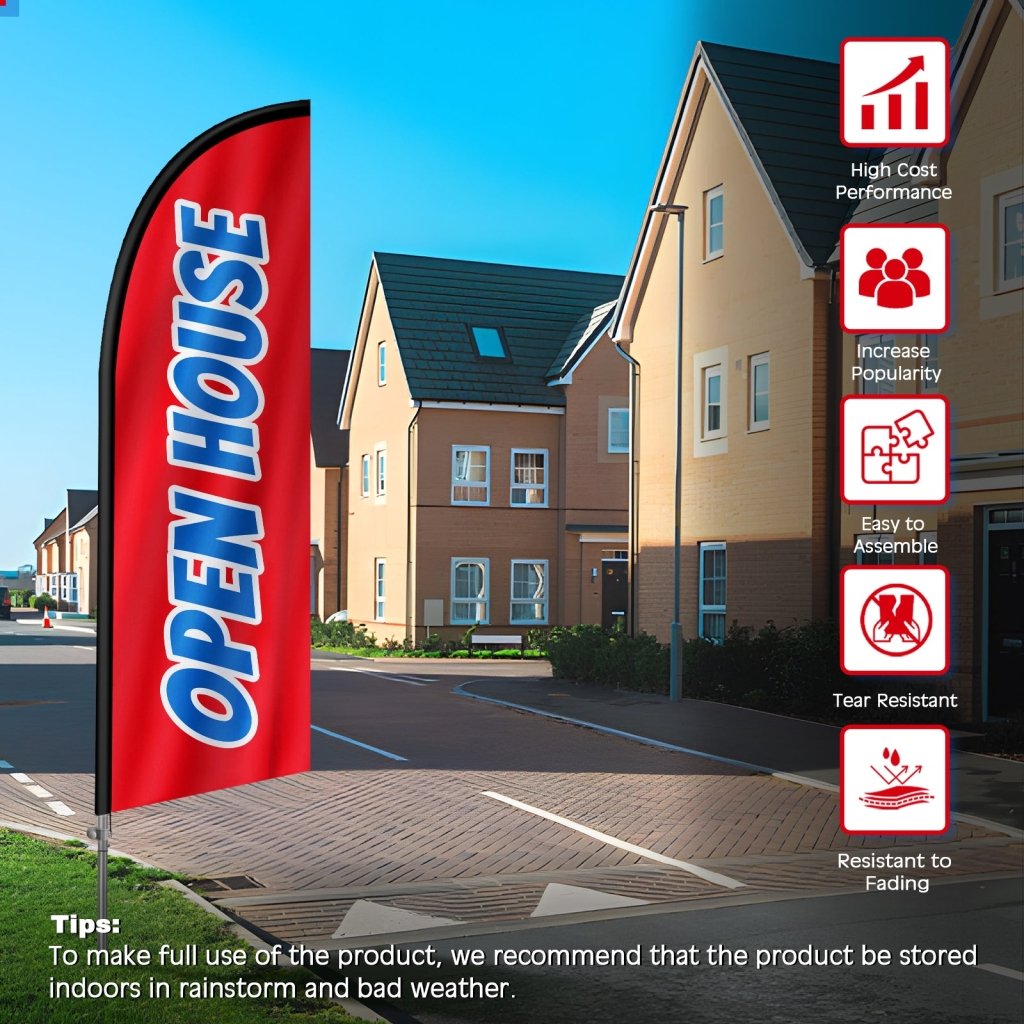 8FT Open House Red&Blue Feather Flag with Stainless Steel Pole Kit/Ground Stake(2m flag set)