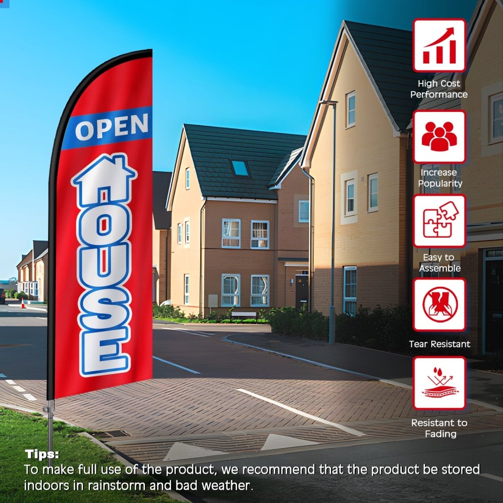 8FT Open House Red&White Banner Feather Flag with Stainless Steel Pole Kit/Ground Stake(2m flag set)