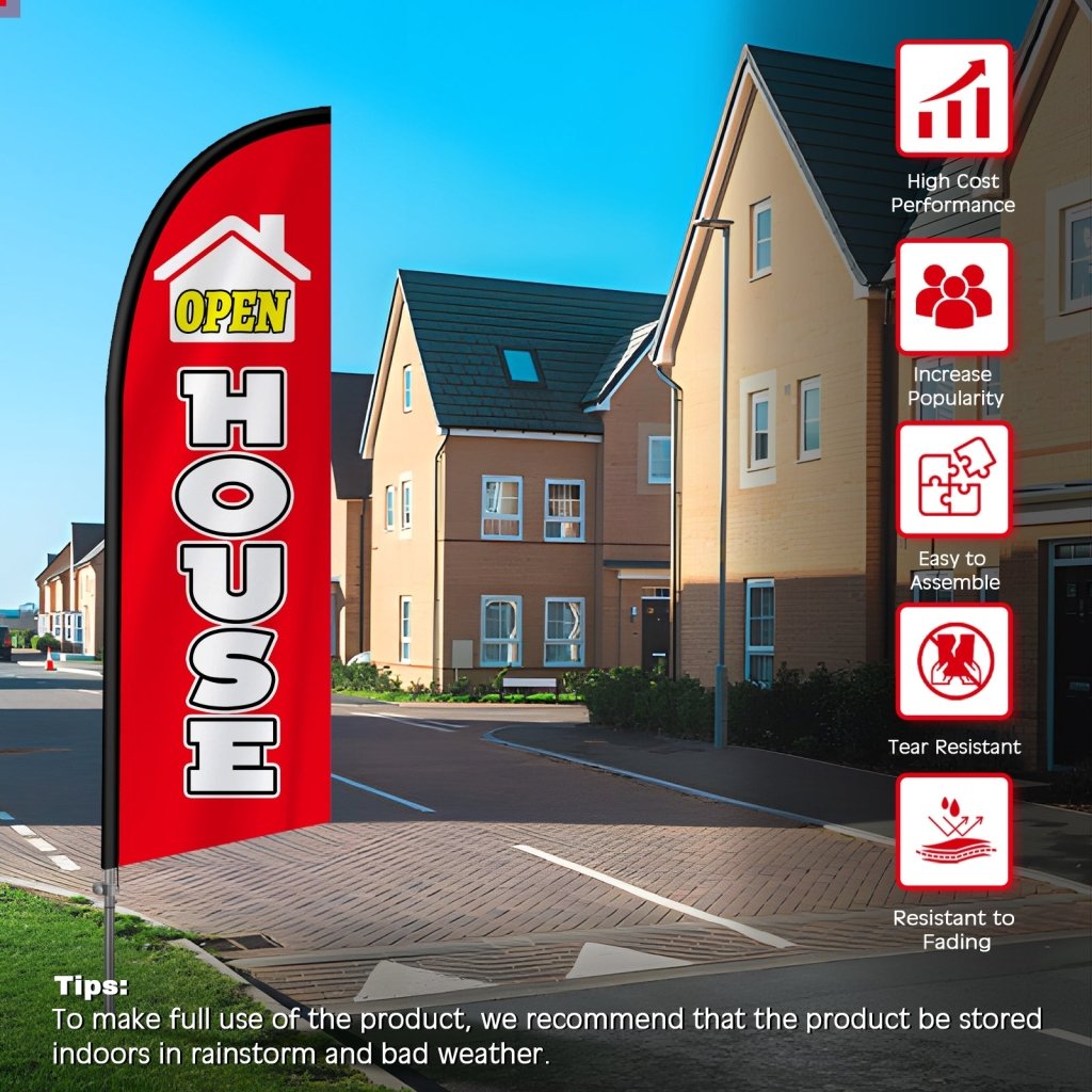 8FT Open House Red&White Feather Flag with Stainless Steel Pole Kit/Ground Stake(2m flag set)