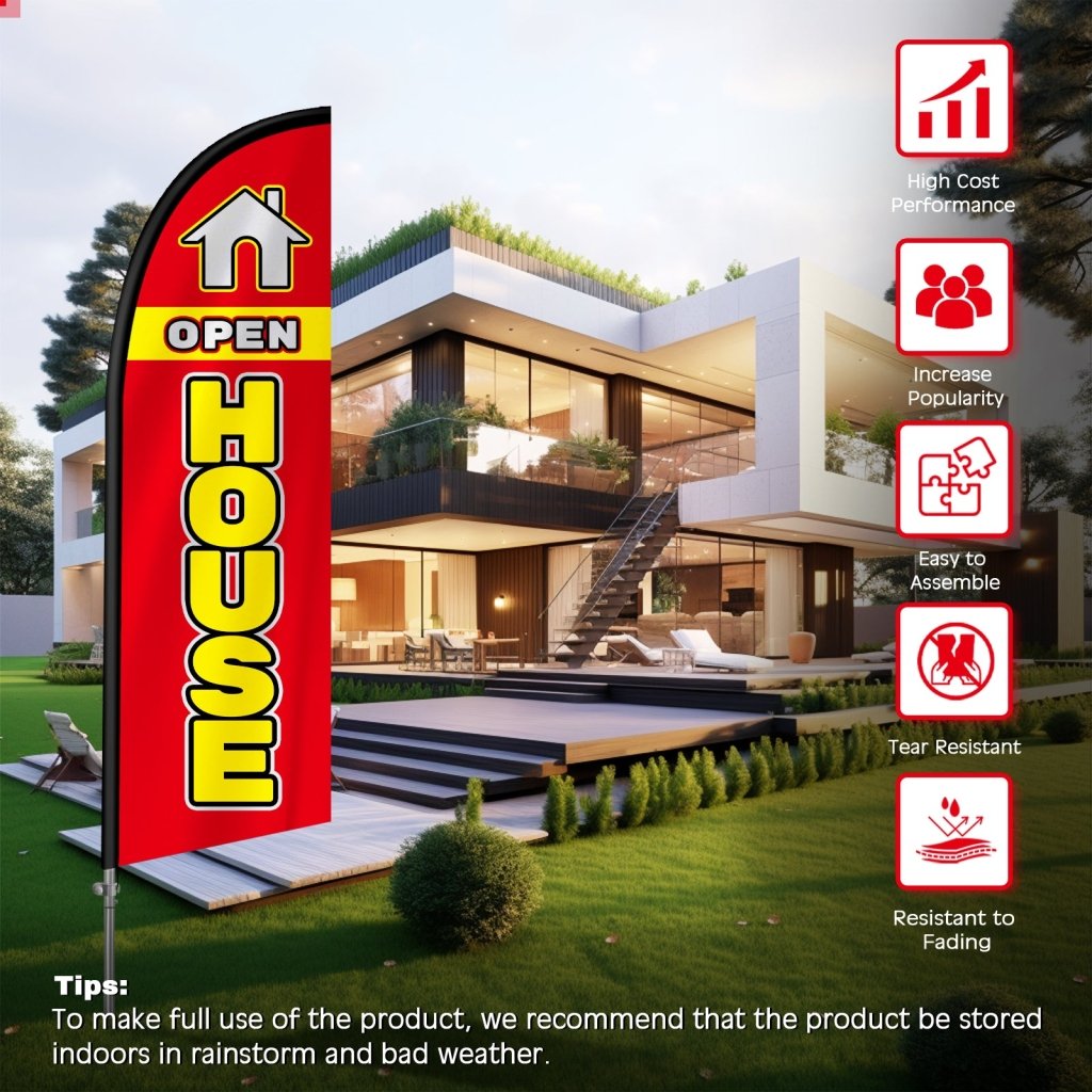 8FT Open House Red&Yellow Banner Feather Flag with Stainless Steel Pole Kit/Ground Stake(2m flag set)