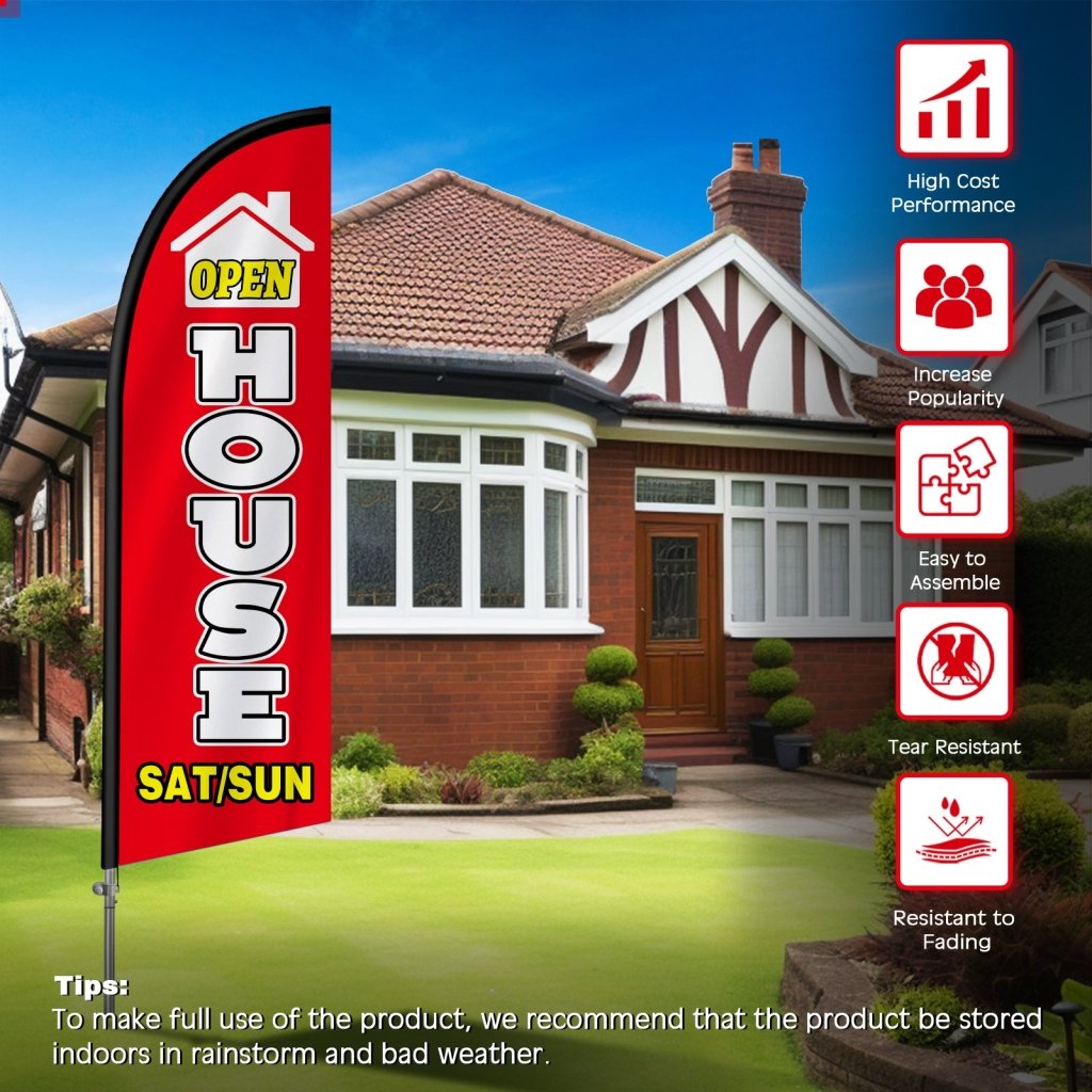 8FT Open House Sun/Sat Red & White Banner Feather Flag with Stainless Steel Pole Kit/Ground Stake(2m flag set)