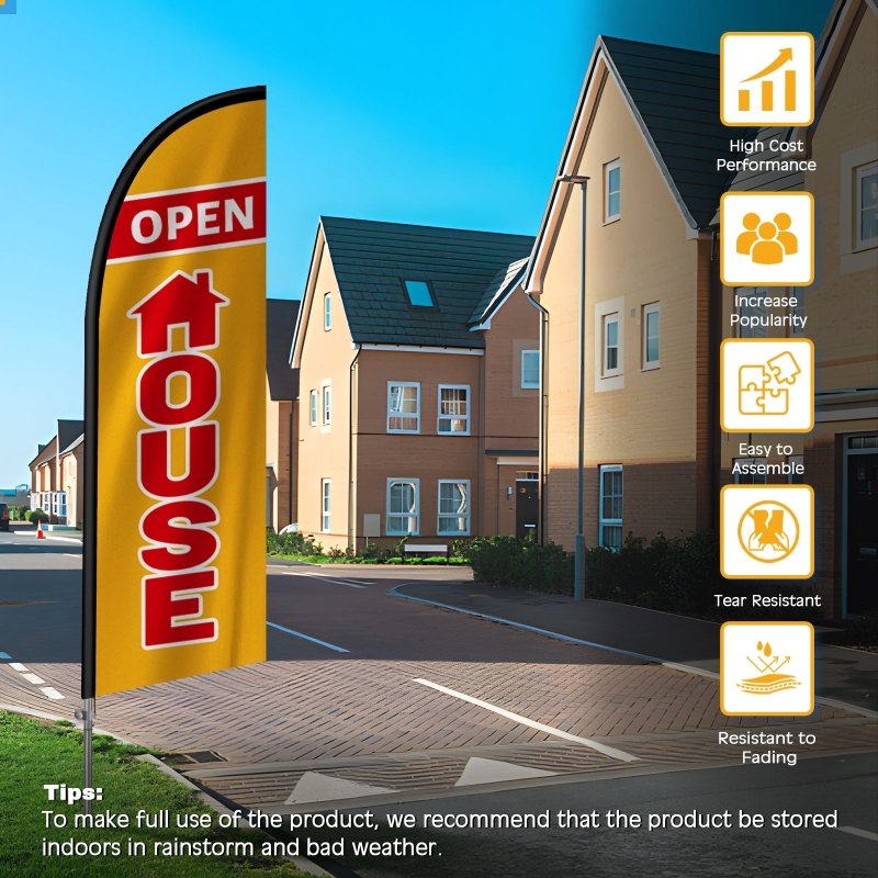 8FT Open House Yellow Banner Feather Flag with Stainless Steel Pole Kit/Ground Stake(2m flag set)