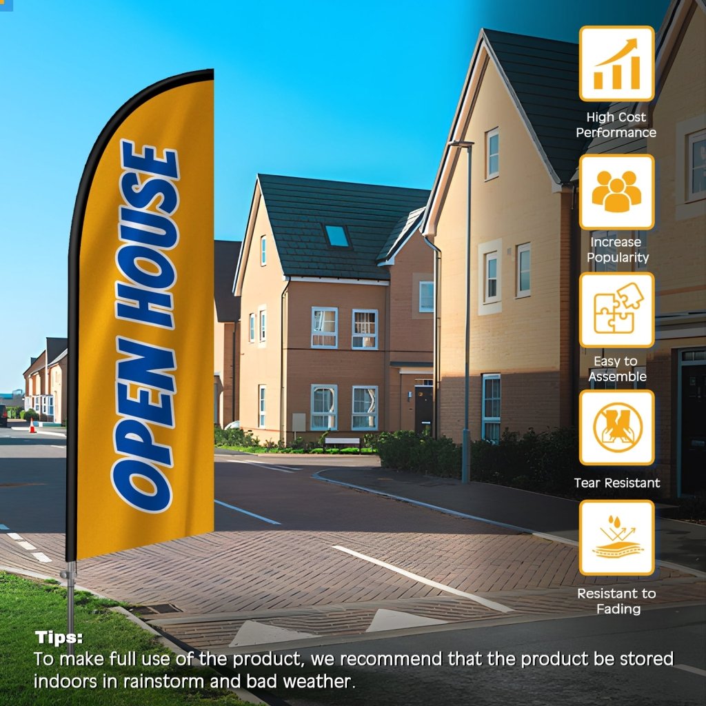 8FT Open House Yellow&Blue Feather Flag with Stainless Steel Pole Kit/Ground Stake(2m flag set)