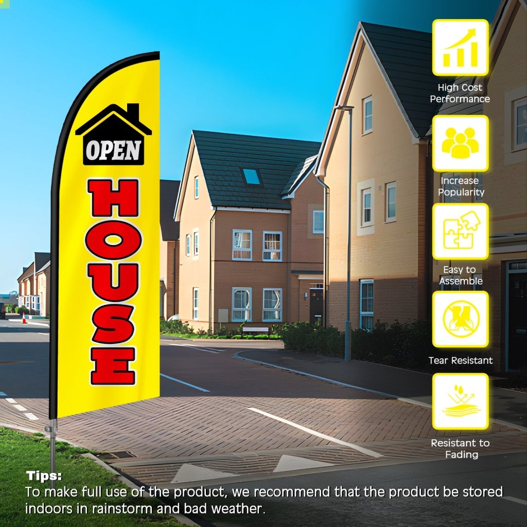 8FT Open House Yellow&Red Banner Feather Flag with Stainless Steel Pole Kit/Ground Stake(2m flag set)