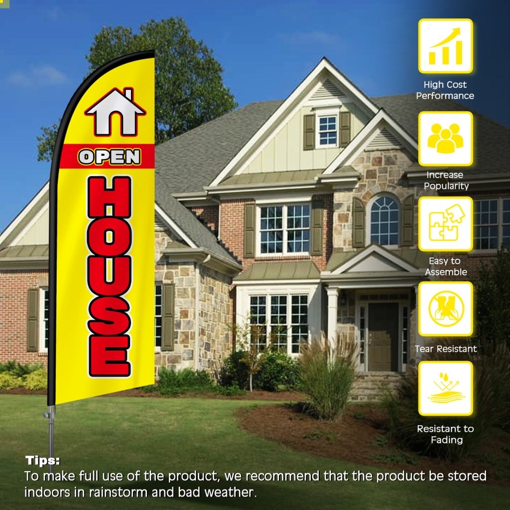 8FT Open House Yellow&Red Banner Feather Flag with Stainless Steel Pole Kit/Ground Stake(2m flag set)