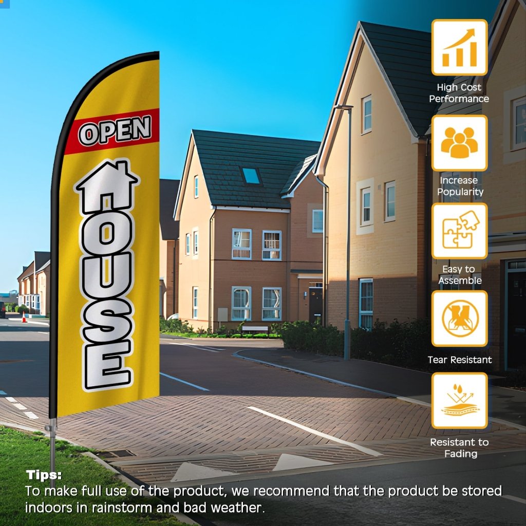 8FT Open House Yellow&White Feather Flag with Stainless Steel Pole Kit/Ground Stake(2m flag set)