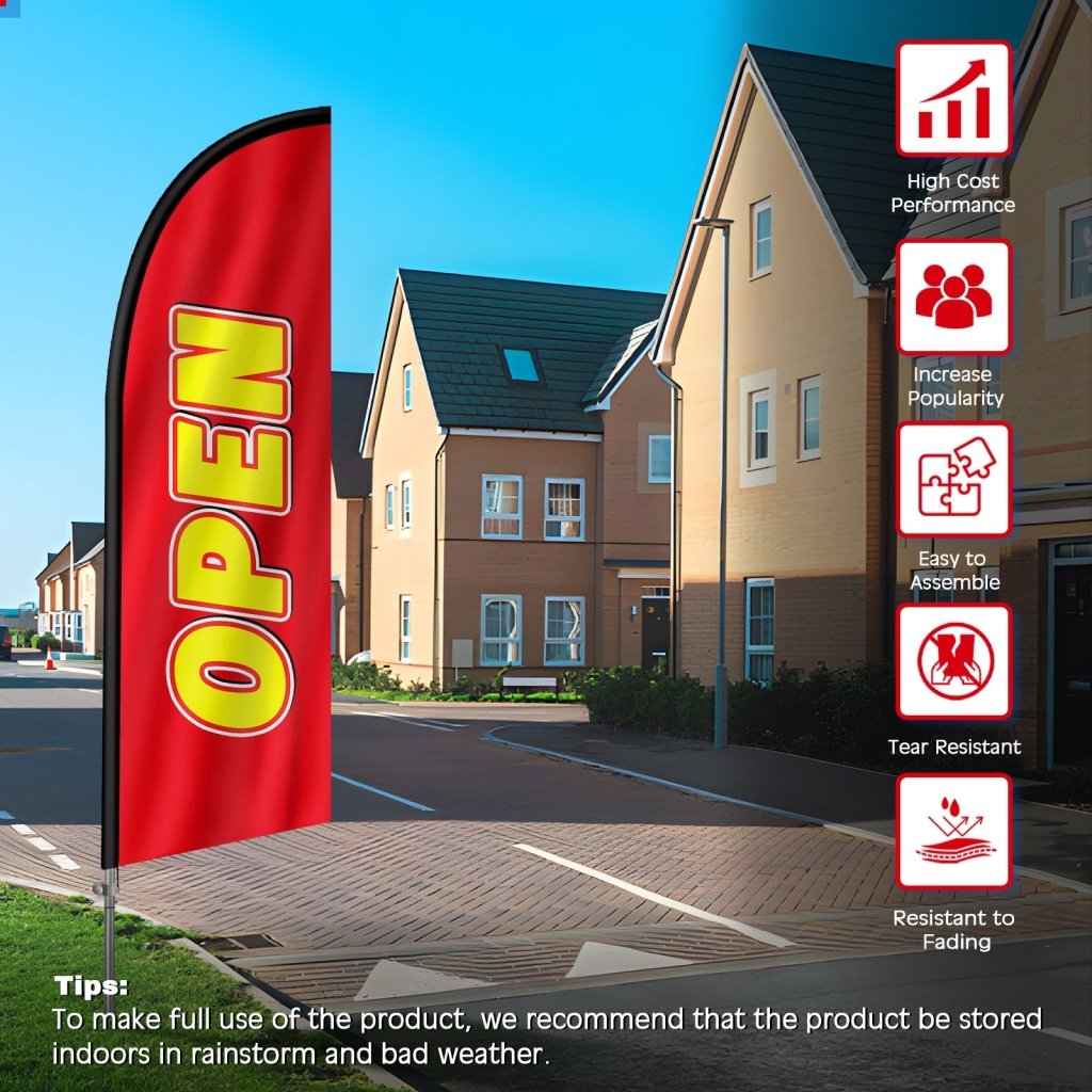 8FT Open Red Banner Feather Flag with Stainless Steel Pole Kit(2m flag set)