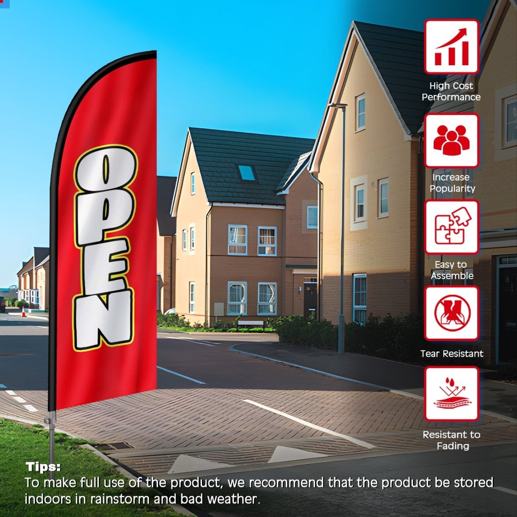 8FT Open Red & White Banner Feather Flag with Stainless Steel Pole Kit(2m flag set)