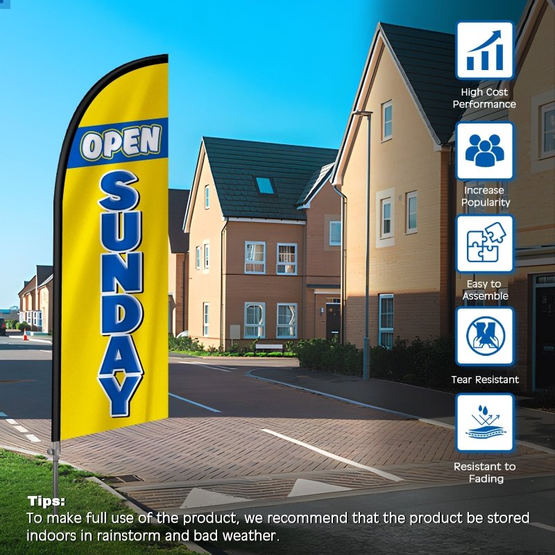 8FT Open Sunday Yellow Banner Feather Flag with Stainless Steel Pole Kit(2m flag set)
