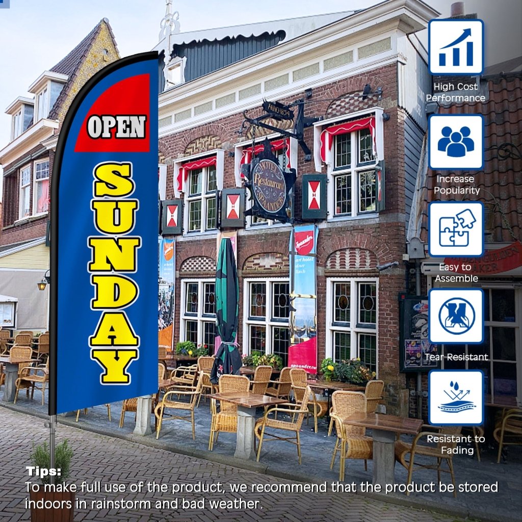 8FT Open Sundays Blue&Yellow Feather Flag with Stainless Steel Pole Kit(2m flag set)