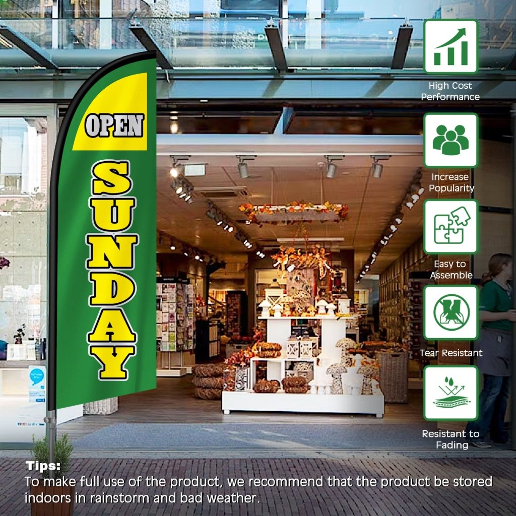 8FT Open Sundays Green&Yellow Feather Flag with Stainless Steel Pole Kit(2m flag set)