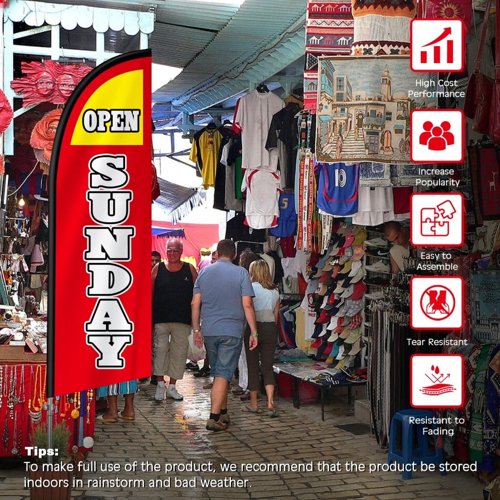 8FT Open Sundays Red&White Feather Flag with Stainless Steel Pole Kit(2m flag set)