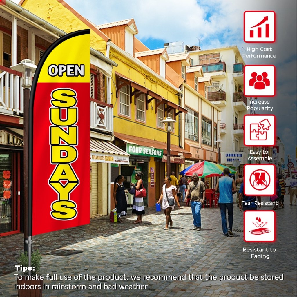 8FT Open Sundays Red&Yellow Feather Flag with Stainless Steel Pole Kit(2m flag set)