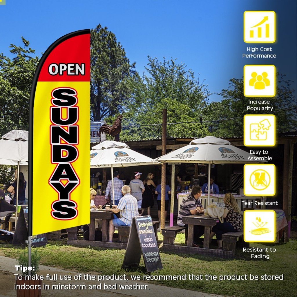 8FT Open Sundays Yellow&Black Feather Flag with Stainless Steel Pole Kit(2m flag set)