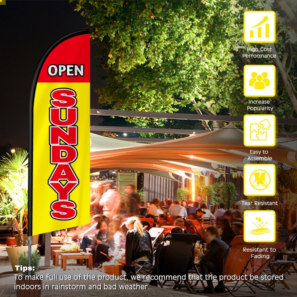 8FT Open Sundays Yellow&Red Feather Flag with Stainless Steel Pole Kit(2m flag set)