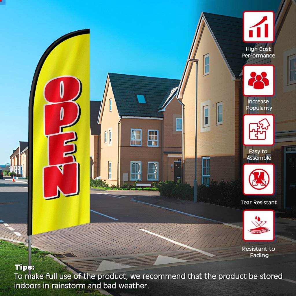 8FT Open Yellow & Red Banner Feather Flag with Stainless Steel Pole Kit(2m flag set)