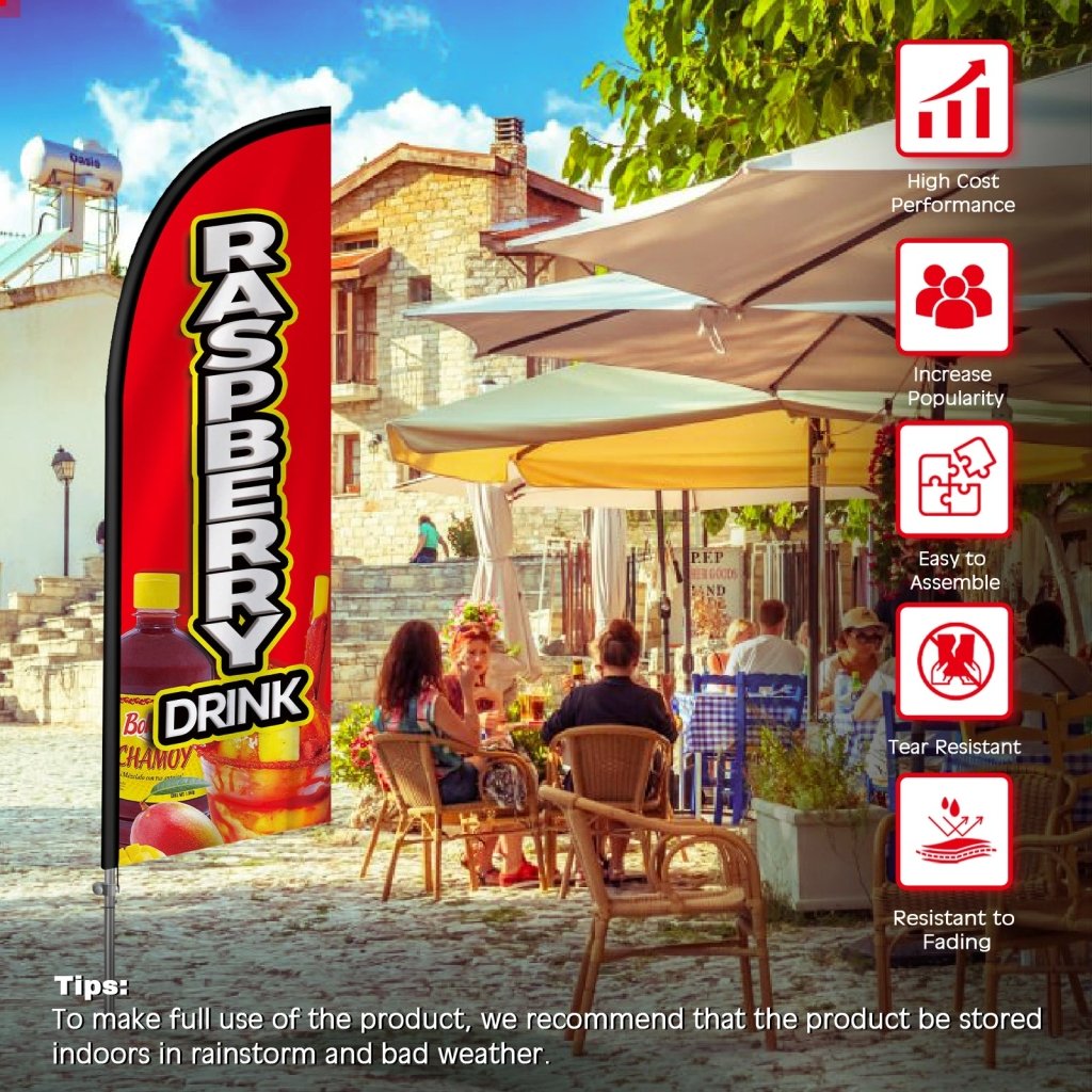 8FT Raspberry Drink Banner Feather Flag with Stainless Steel Pole Kit(2m flag set)