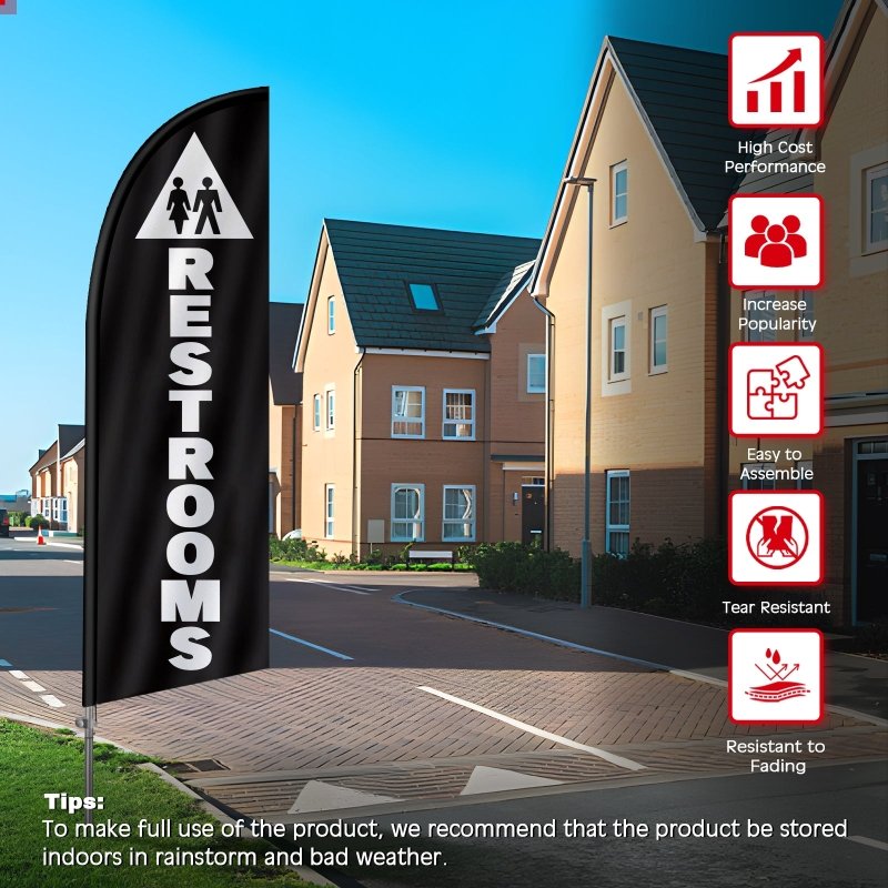 8FT Restrooms Banner Feather Flag with Stainless Steel Pole Kit(2m flag set)