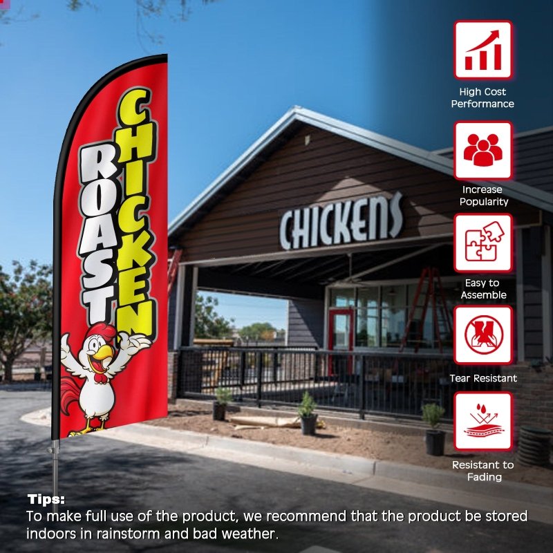 8FT Roast Chicken Banner Feather Flag with Stainless Steel Pole Kit(2m flag set)
