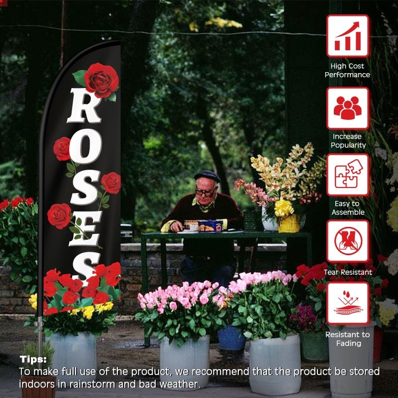 8FT Roses Feather Flag with Stainless Steel Pole Kit(2m flag set)