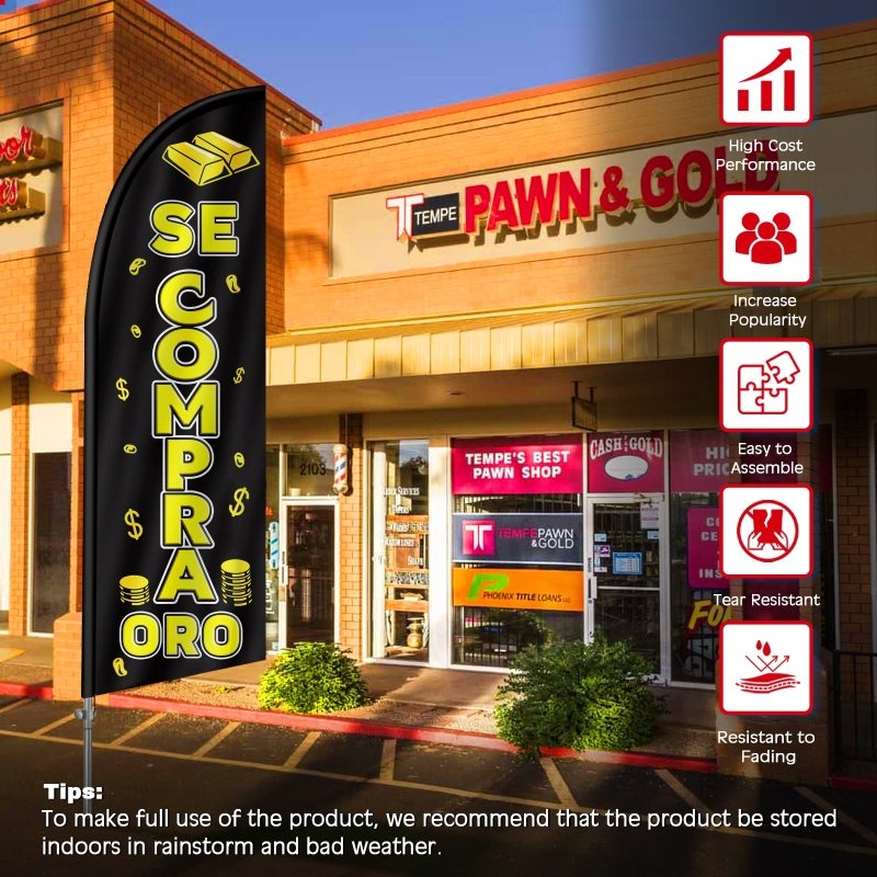 8FT Se Compra Oro (We Buy Gold) Banner Feather Flag with Pole Kit/Ground Stake(2m flag set)