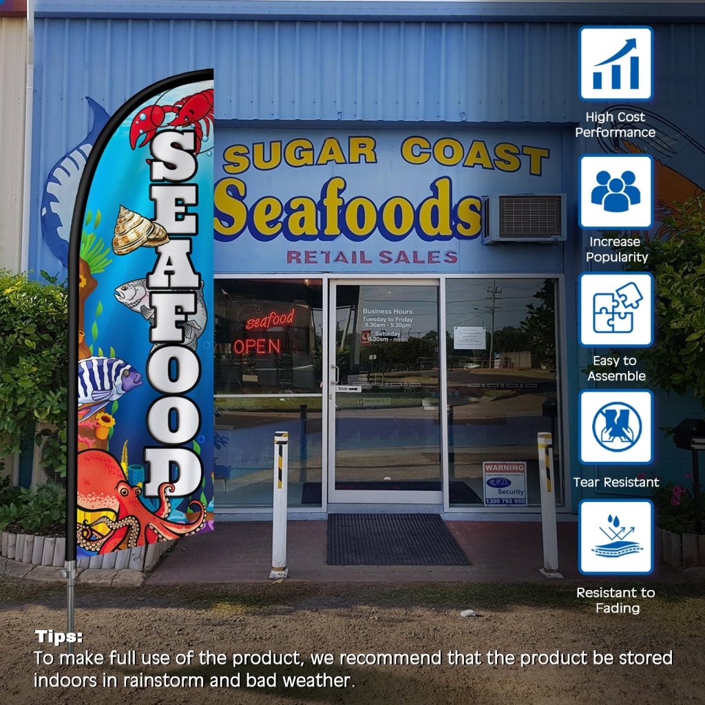 8FT Seafood 01 Feather Flag with Stainless Steel Pole Kit/Ground Stake(2m flag set）
