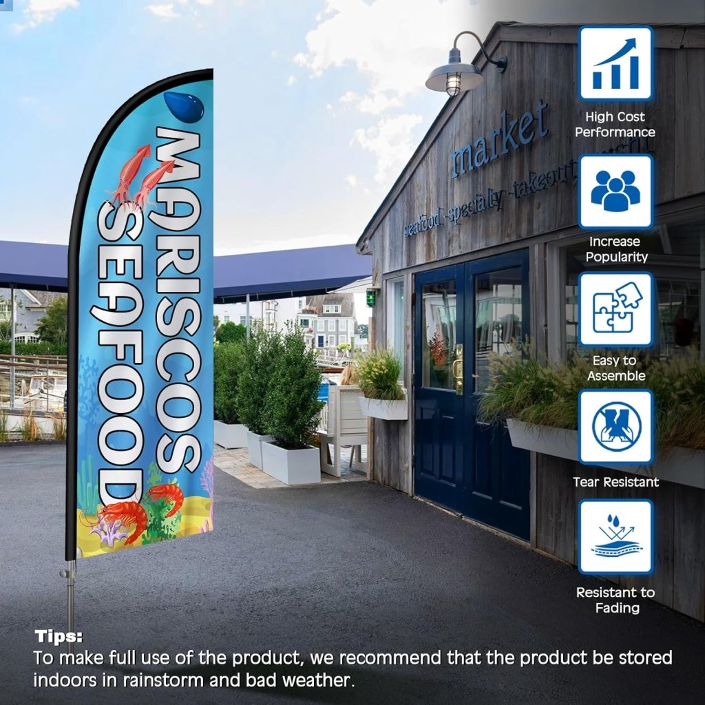 8FT Seafood Light Blue Feather Flag with Stainless Steel Pole Kit/Ground Stake(2m flag set）