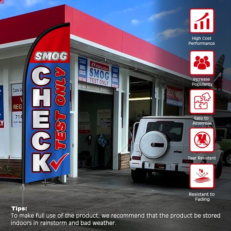 8FT Smog Check Test Only Banner Feather Flag with Stainless Steel Pole Kit(2m flag set)