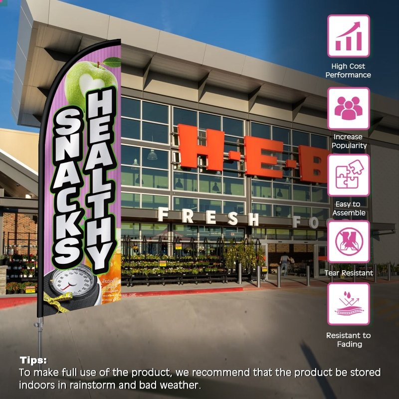 8FT Snacks Healthy Banner Feather Flag with Stainless Steel Pole Kit(2m flag set)