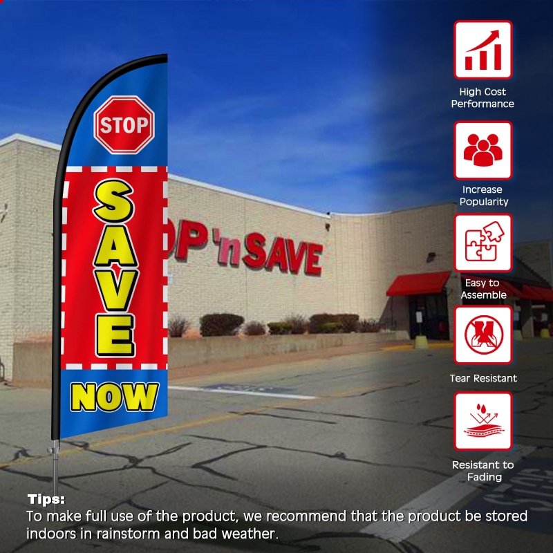 8FT Stop Save Now Banner Feather Flag with Stainless Steel Pole Kit/Ground Stake(2m flag set)