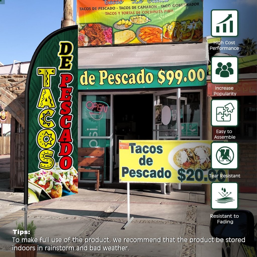 8FT Tacos De Pescado Feather Flag with Stainless Steel Pole Kit(2m flag set)