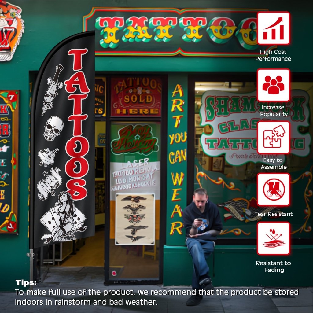 8FT Tattoos Banner Feather Flag with Stainless Steel Pole Kit(2m flag set)