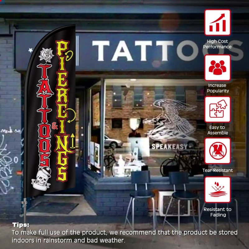 8FT Tattoos & Piercings Banner Feather Flag with Stainless Steel Pole Kit(2m flag set)