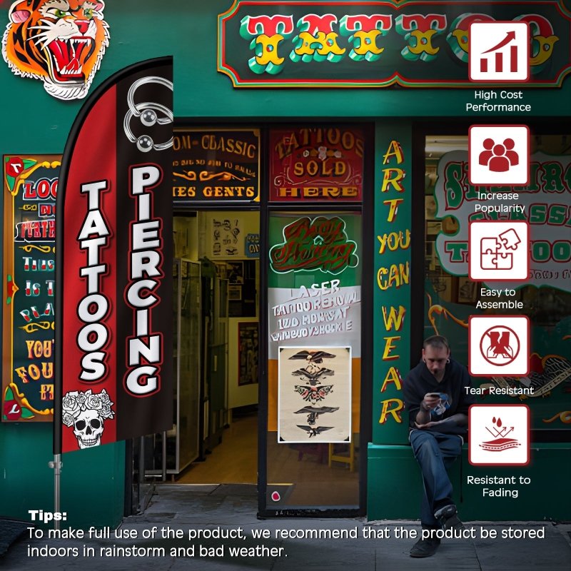 8FT Tattoos&Piercing Banner Feather Flag with Stainless Steel Pole Kit(2m flag set)