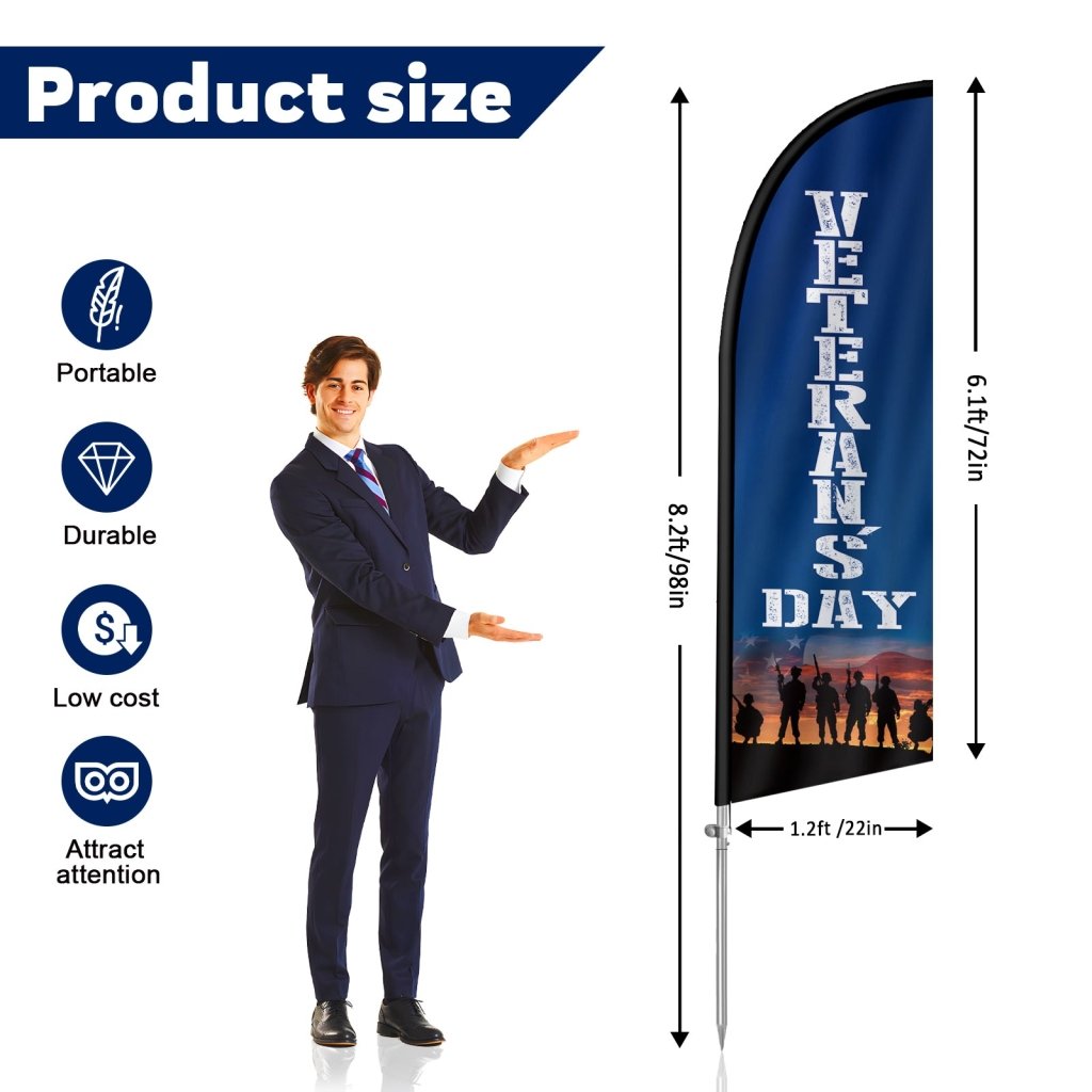 8FT Veterans Day Feather Banner, with Sturdy Pole Set and Ground Stake