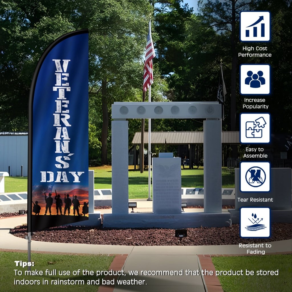 8FT Veterans Day Feather Banner, with Sturdy Pole Set and Ground Stake