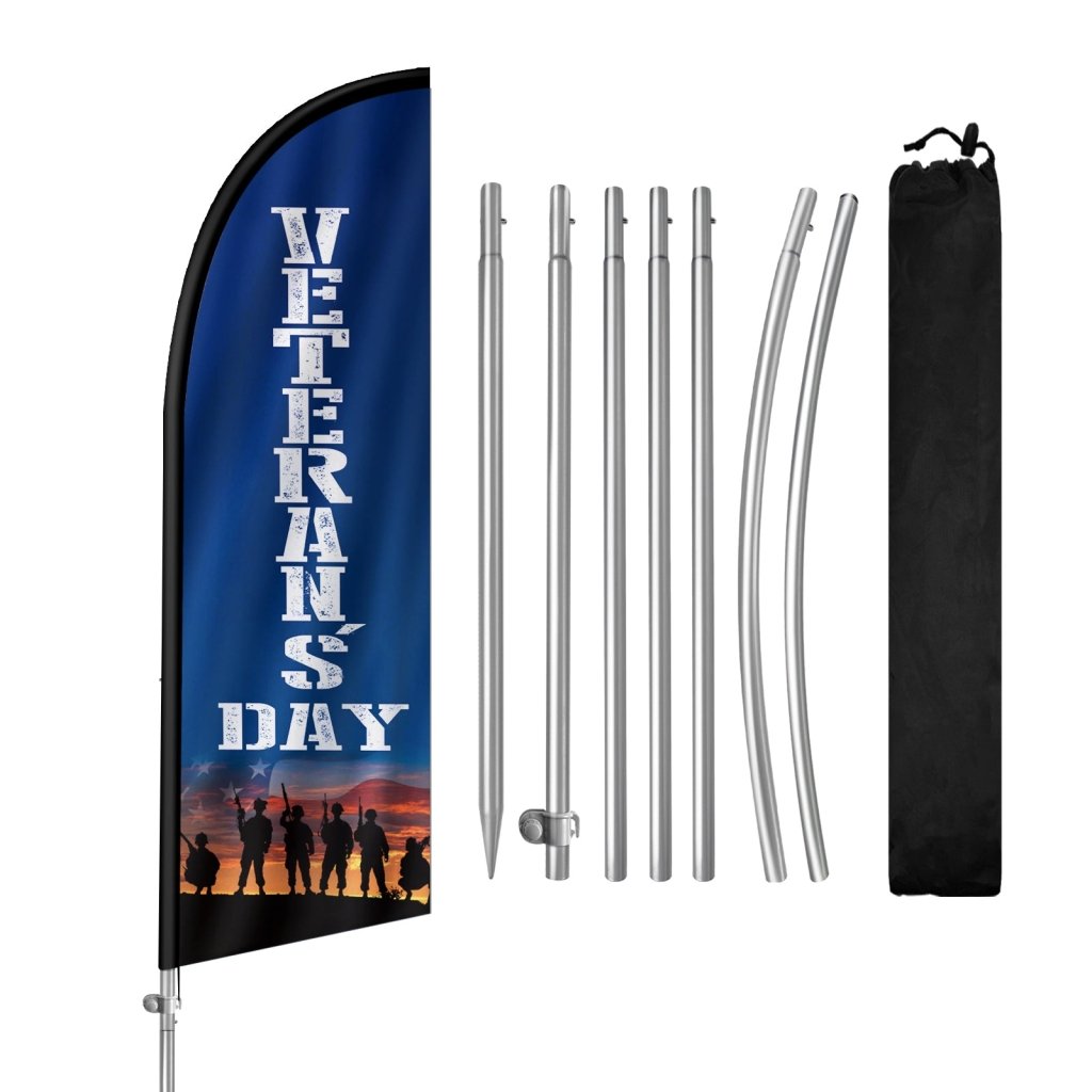 8FT Veterans Day Feather Banner, with Sturdy Pole Set and Ground Stake