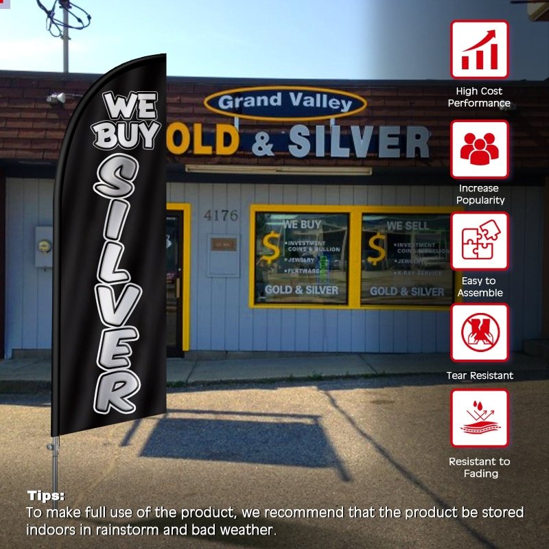 8FT We Buy Silver Banner Feather Flag with Stainless Steel Pole Kit(2m flag set)