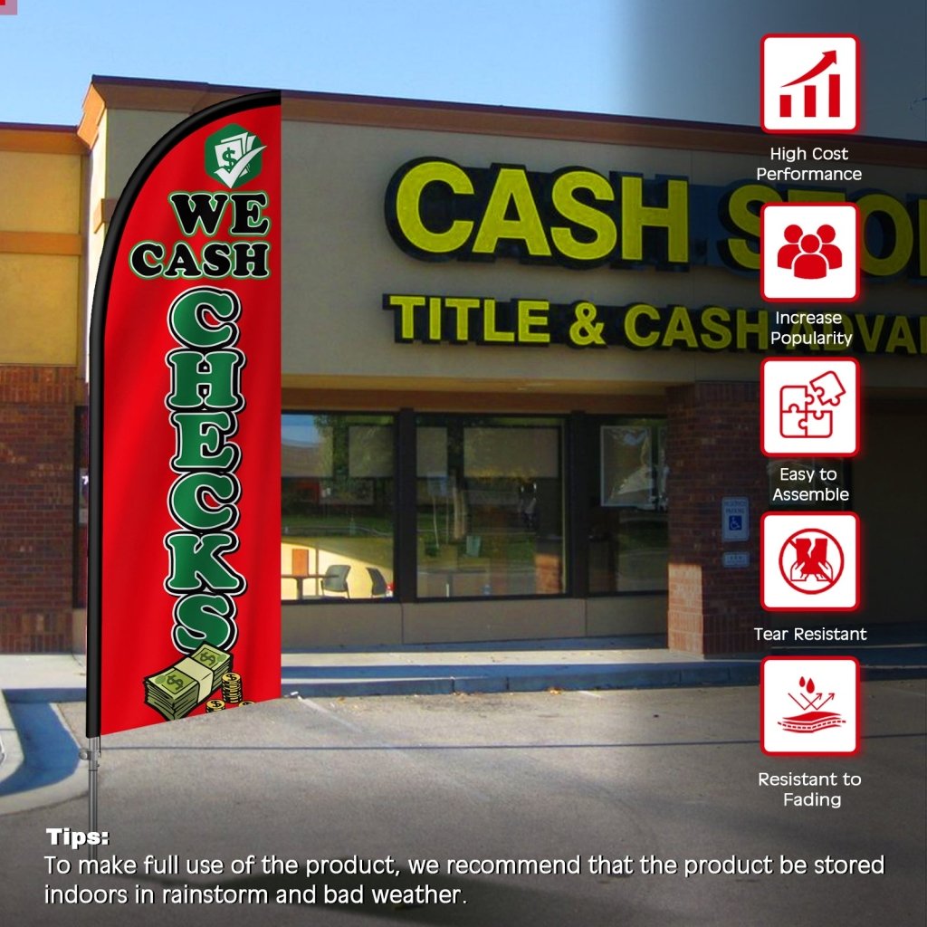 8FT We Cash Checks Banner Feather Flag with Stainless Steel Pole Kit(2m flag set)