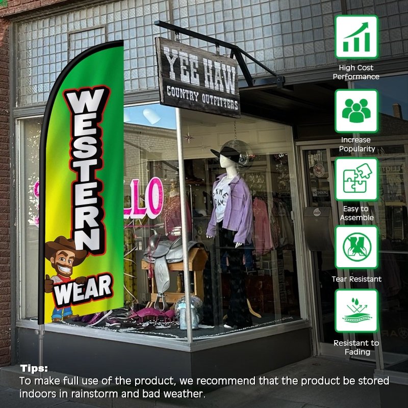 8FT Western Wear Banner Feather Flag with Stainless Steel Pole Kit(2m flag set)