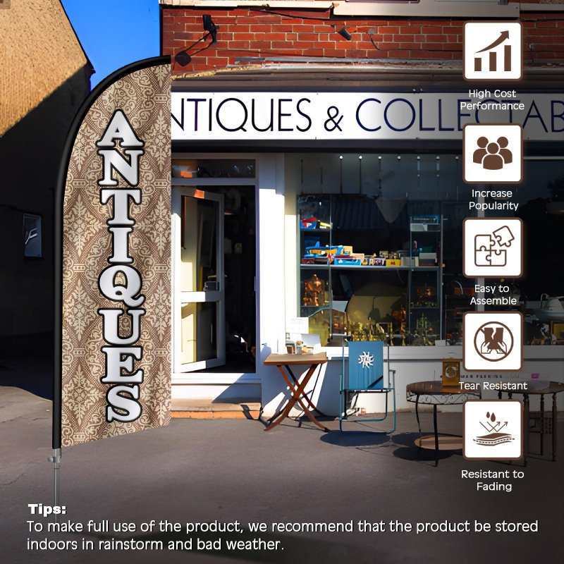 Antique Store Signs - 8FT Antiques Banner Feather Flag with Stainless Steel Pole Kit(2m flag set)