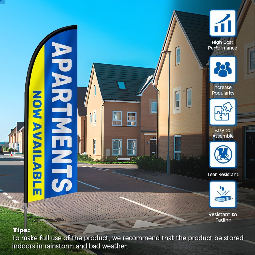 Apartment for Rent Sign - 8FT Apartments Banner Feather Flag with Stainless Steel Pole Kit(2m flag set)