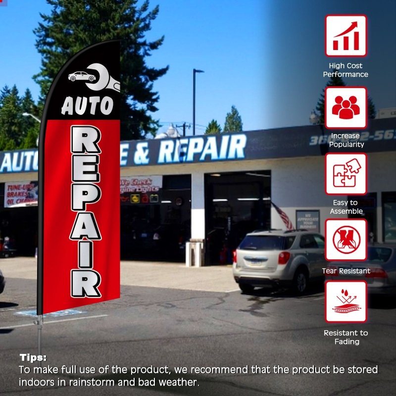 Auto Repair Signs - 8FT Auto Repair Banner Feather Flag with Stainless Steel Pole Kit(2m flag set)